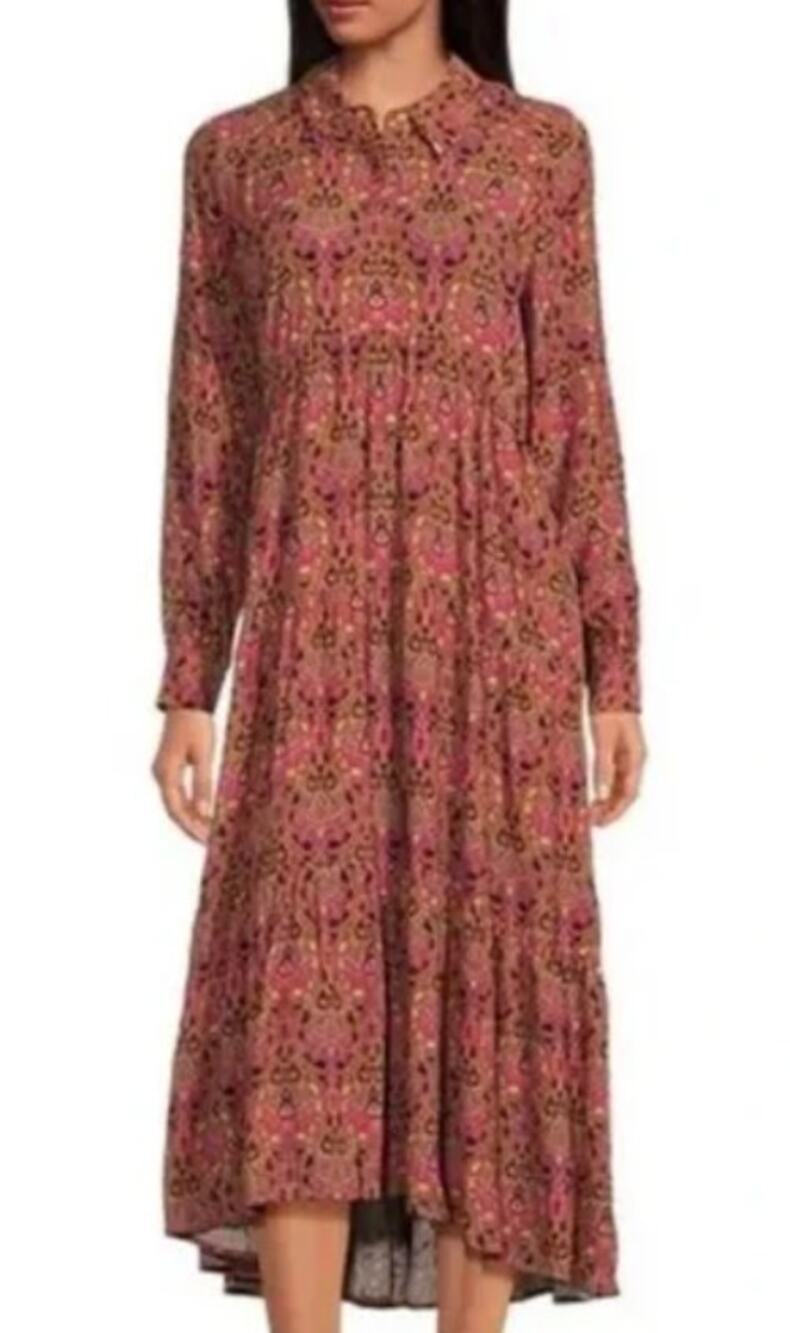 a loves a Long Sleeve Tiered Maxi Shirt Dress Size XL Pink Tan Paisley Boho